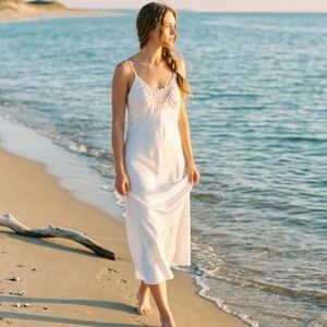 Vintage White Satin Midi Slip Dress Lace Sequins Beaded Bridal Party